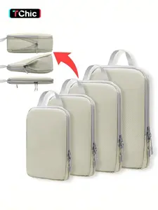 A 4-piece compression-packed cubic travel storage bag set featuring a durable and reusable design, anti-RFID functionality, and a classic aesthetic, Travel Accessories, Travel Gear