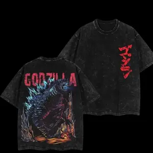 Vintage Washed Godzilla Blue Neutron Kaiju Mecha Graphic T Shirt Oversized Monsterverse Inspired Heavyweight Cotton Tee Unisex Retro Streetwear Crew Neck Short Sleeve Casual Daily Wear Y2K Style Loose Fit Top for Monster Fans Anime Lovers