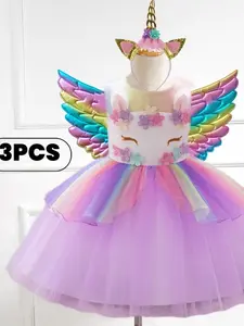 Baby Girl's Unicorn Design Dress Up Costume Set, Fashion Ear Design Layered Hem Embroidery Patchwork Bow Decor Tulle Dress & Unicorn Headband & Wing, Party Formal Dresses for Baby Girl