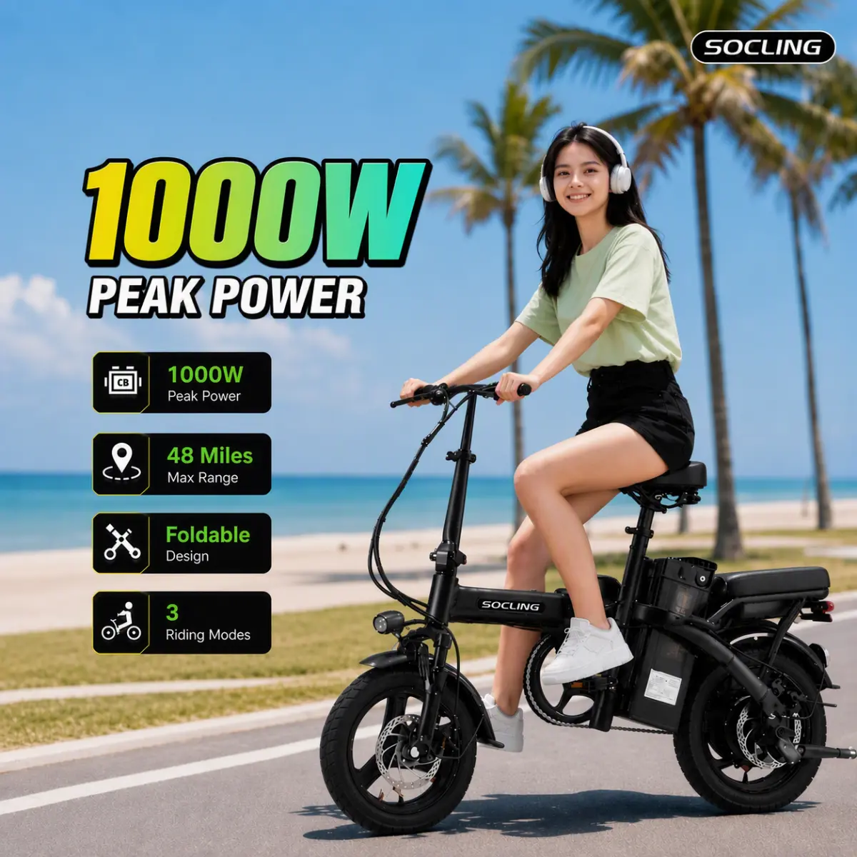 1000W Folding Electric Bike for Teens and Adults, 28 MPH, Compact for Car Trunks and Apartments, Safe Night Ride, Great Birthday Gift
