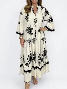 Elegant Printed Stand Collar Waist Cinched Dress Women's Long Skirt Polyester Fiber Flared Sleeve