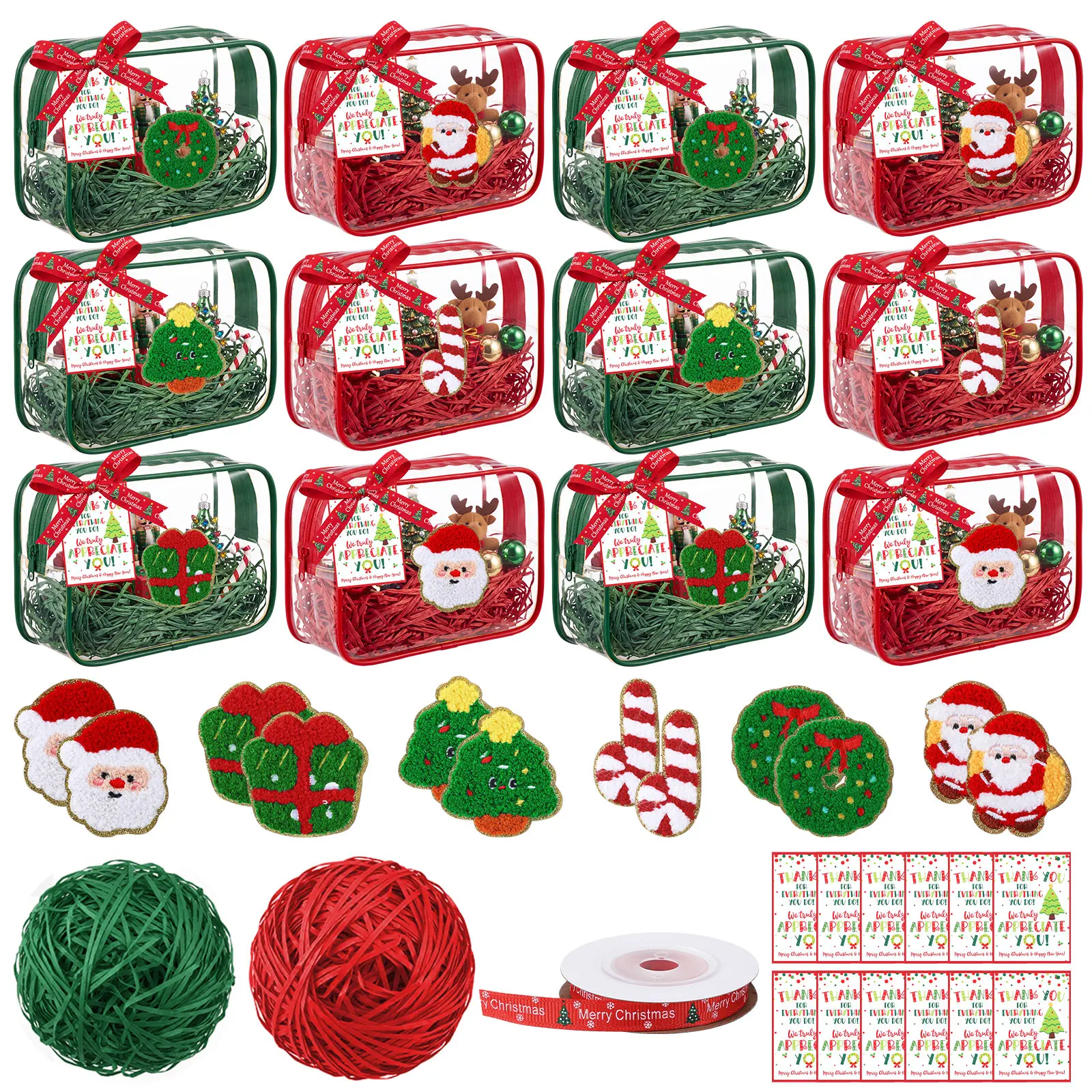 6/12 Pcs Christmas Gift Bags Kit with Red and Green Clear Zipper Pouches Christmas Embroidered Patches Red and Dark Green Raffia Filler Ribbons and Gift Tags for Kids Classroom Christmas Party Favors Teachers and Neighborhood Christmas Gifts
