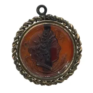 Antique Decorated Carnelian Orange Rope Trim Root Beer Cameo Watch Fob Pendant 1"