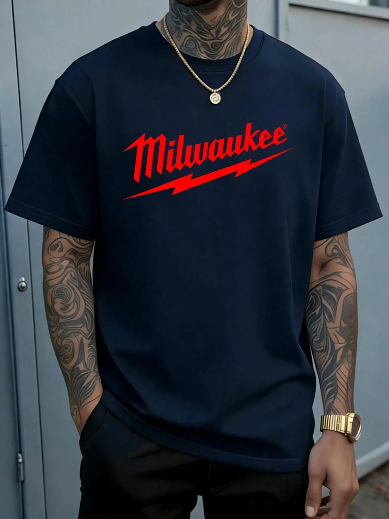 Milwaukee Red Lightning Text Graphic | Edgy Industrial Street Style Soft Breathable Summer Daily Casual Outfits Men's Street Fashion Short-Sleeved Tee