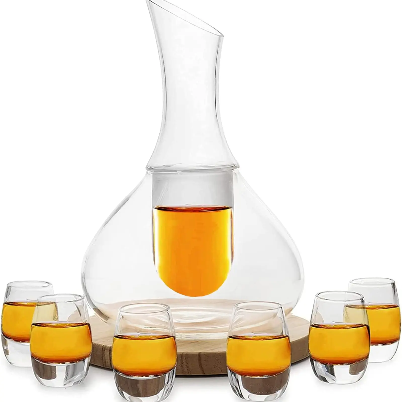 Sake Set Glasses - 15 Ounce Carafe & 6-1oz Crystal Saki Cups, Warmer or Cold Japanese Wine Drinking Set With Wooden Stone Coaster by The Wine Savant