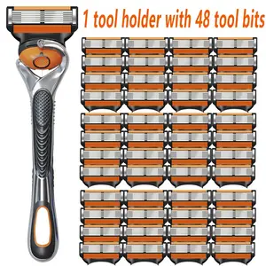 Men's Razor Blade Replacement, 48pcs Razor Blade & 1 Count Handle, Sharp Handheld Razor Blade, Men's Care Product for Daily Use, Body Hair Removal, Replaceable Blades