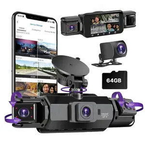 Four-channel dashcam for easier reversing, featuring panoramic view for all-weather parking monitoring. Simultaneous recording from four lenses: front/rear/interior/left/right. 4-inch display with WiFi and 64GB storage card. Clear night vision with HDR te