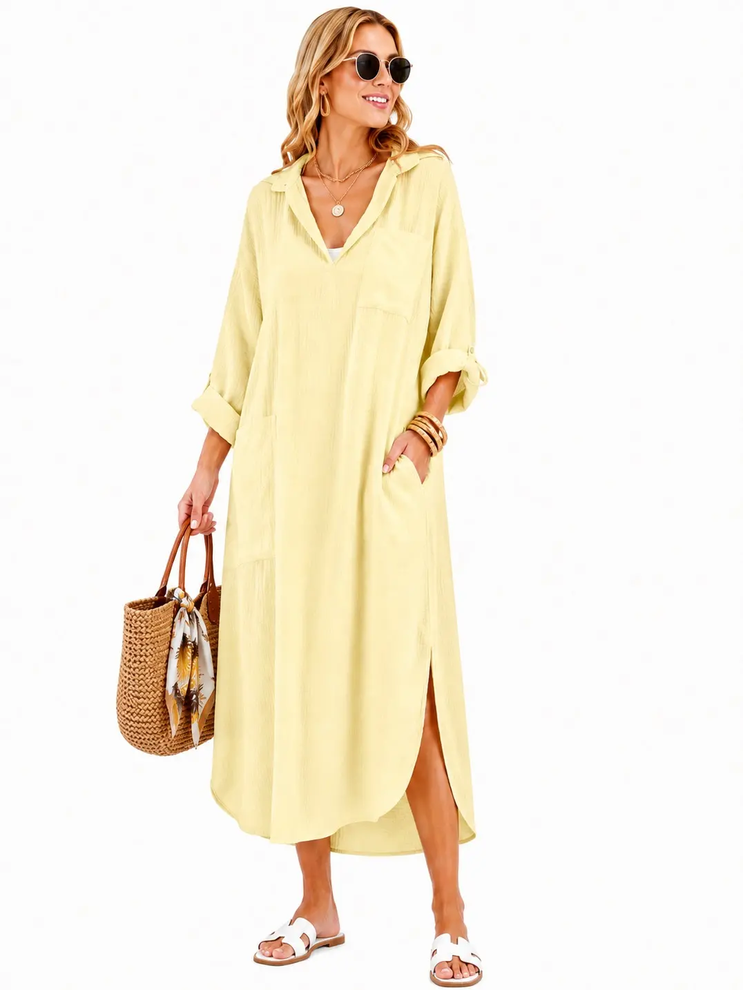 utcoco Womens Casual Loose Long Shirt Dress Side Split Dresses with Pockets Side Slit Design Long Sleeve Lightweight Lightweight Lightweight