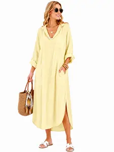 utcoco Womens Casual Loose Long Shirt Dress Side Split Dresses with Pockets Side Slit Design Long Sleeve Lightweight Lightweight Lightweight,summeroutfits,vacationoutfits,beachoutfits