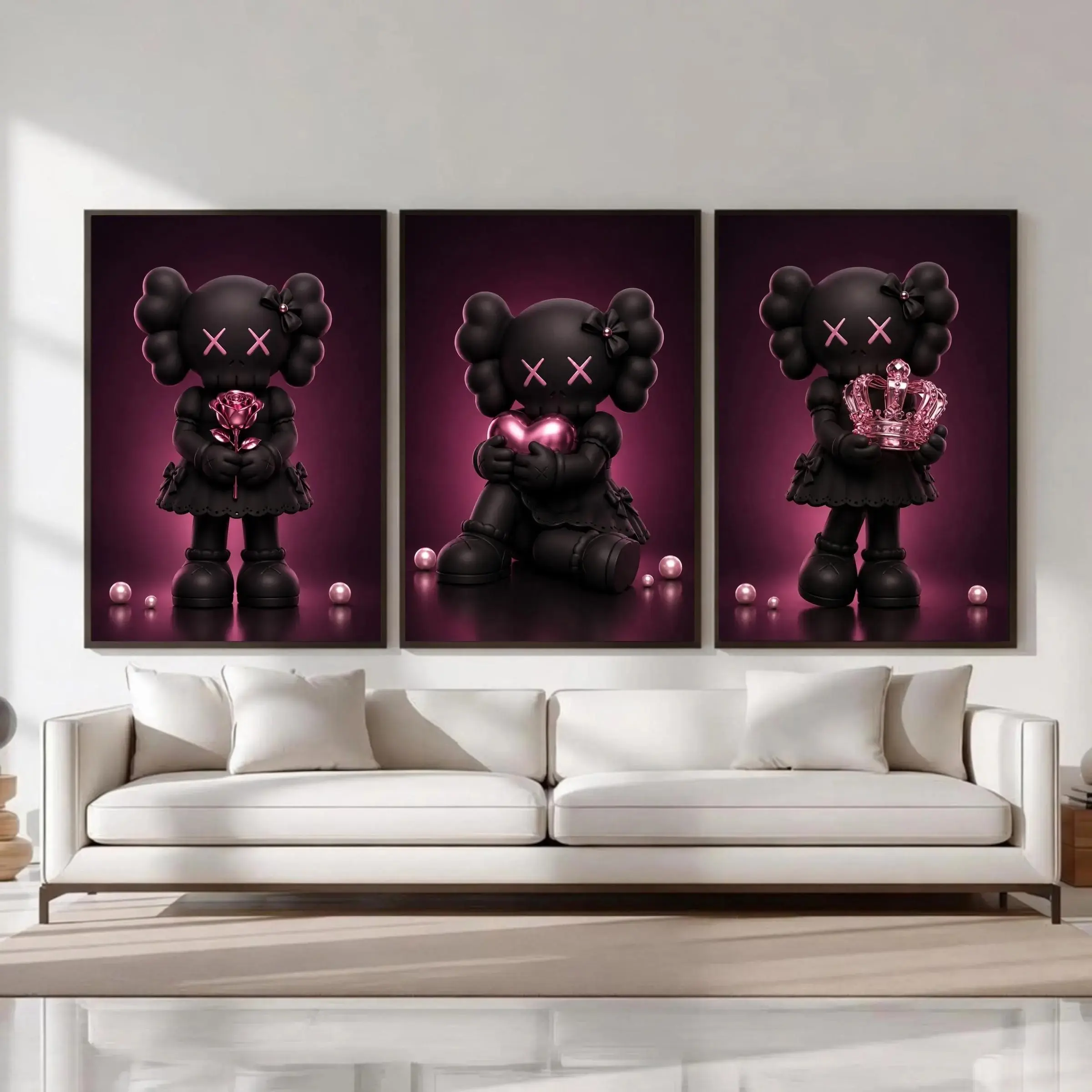 Kaws Wall Art Pink Poster Set of 3, Girly Goth Hypebeast Room Decor, Black Dopamine Wall Art, Kaws Figure Bedroom Dorm Prints, HypeBeast Toy