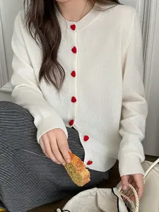 Women's Long Sleeve Plush Cardigan Cozy Cashmere Blend Sweater with Heart Shaped Buttons Vintage Round Neck Fitted Casual Basic Knitwear Ideal Gift for Fall Winter Womenswear Elegant