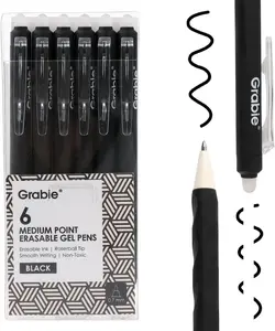 Grabie Erasable Gel Pens, Medium Point 0.7 Mm Erasable Pens, Make Mistakes Disappear for Drawing Writing Planner, Pack of 6, Black
