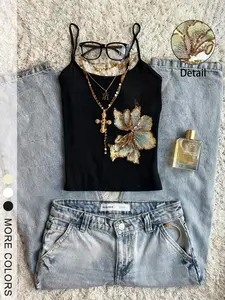 Women's Sequin Flower Halter Top, Y2K Vintage Sleeveless Blouse, Summer Streetwear & Daily, Boho Fitted Short Dress, Everyday