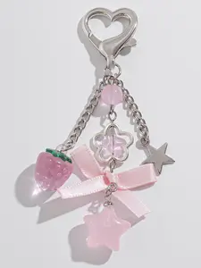 Cute Ribbon Bow Strawberry Acrylic Keychain Charms, Sweet Five-Pointed Star Pendant, Perfect Gift for Friends and Couples