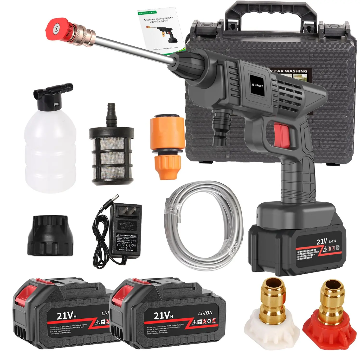 Portable High-Pressure Water Jet Washer, 21V (2 Batteries), 4 Nozzles, 3 Multi-Mode Settings, Built-In Filter for Lake Use, Ideal for Courtyard Use & Vehicle Wash