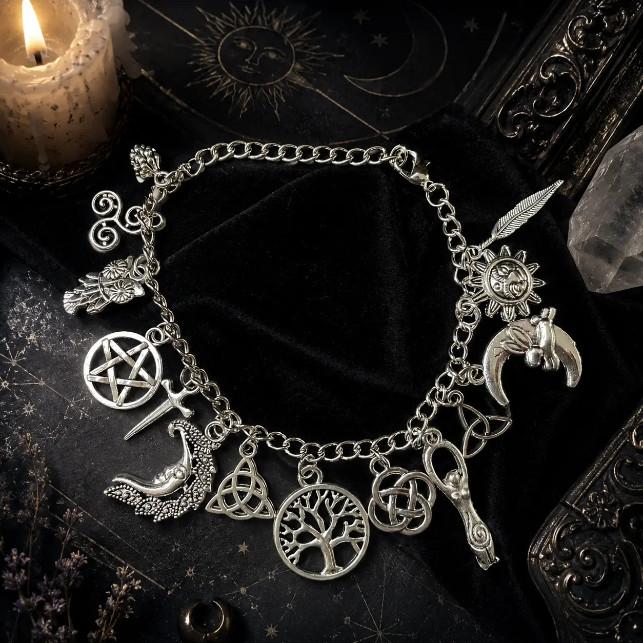 Vintage Witchy Charm 2-in-1 Bracelet & Anklet - Silver-Tone Pagan-Inspired Jewelry with Moon, Sun, Tree of Life, Owl, Pentagram Charms - Celestial Gothic Boho Gift (Celestial Theme, Dark Romance Vintage, Moon and Sun Symbol, Mystery Bracelets & Bangles)