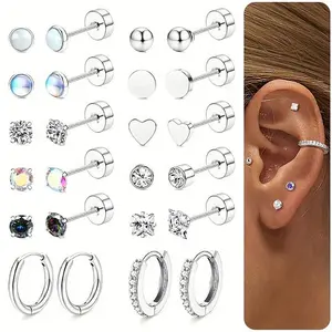 12Pairs Hypoallergenic Flat Back Earrings for Women-Surgical Steel Earrings for Sensitive Ears 20G Stainless Steel Earring Stacks Small Flatback Stud Hoop Cartilage Earring
