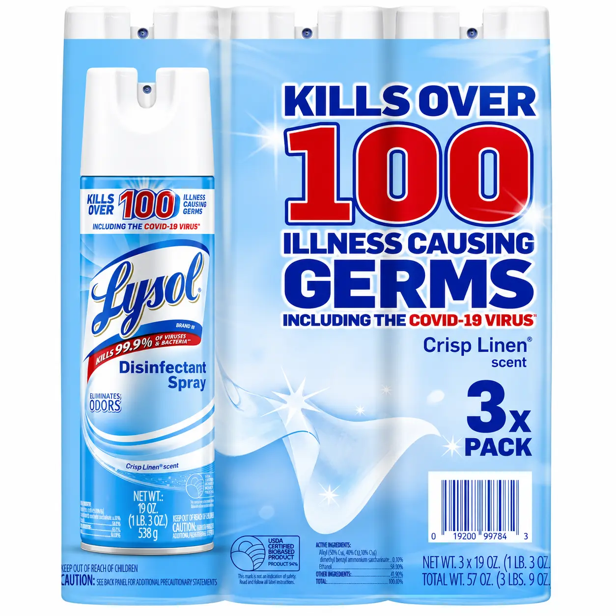 Lysol Anti-Bacteria Antimicrobial Disinfectant Aerosol Spray Can - Crisp Linen Scent, 19oz, 3 Packs, Mold-Fighting Cleaning Home Supplies, 99.9% Kill Daily Hard Surface Cleaner with Deodorizing Power