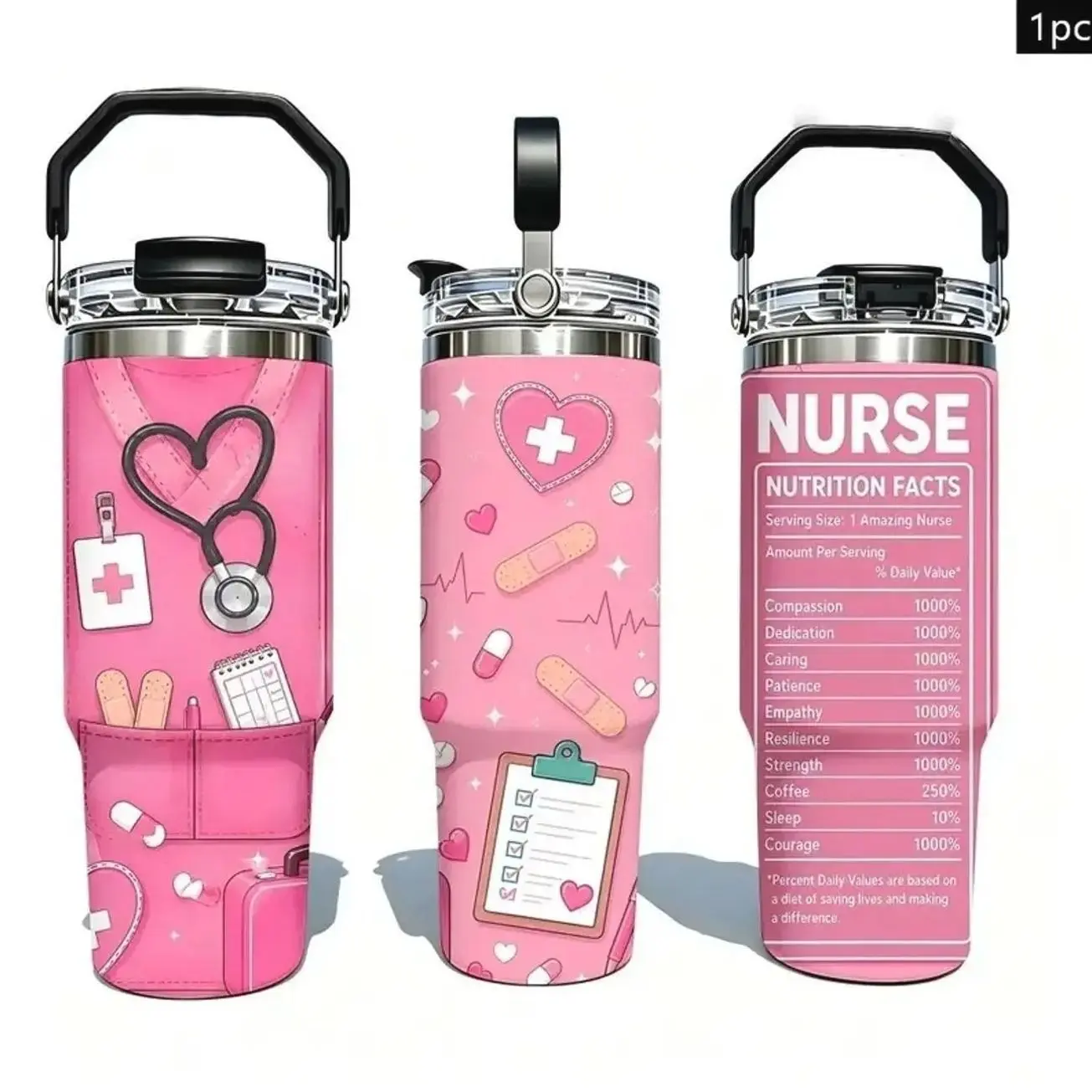 Nurse Stethoscope Heart Medical Pattern Insulated Tumbler with Portable Handle & Leak-Proof Lid, Double Wall Vacuum Travel Mug, Large Capacity Cup for Men Women, Birthday Christmas Nurse Theme Gift