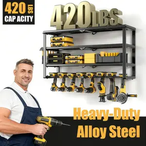 4-Tier Heavy Duty Wall Mounted Drill Bit Holder - Metal Floating Tool Rack for Garage Organization, Powder Coated Finish, Multi-Purpose Utility Storage for Power Tools