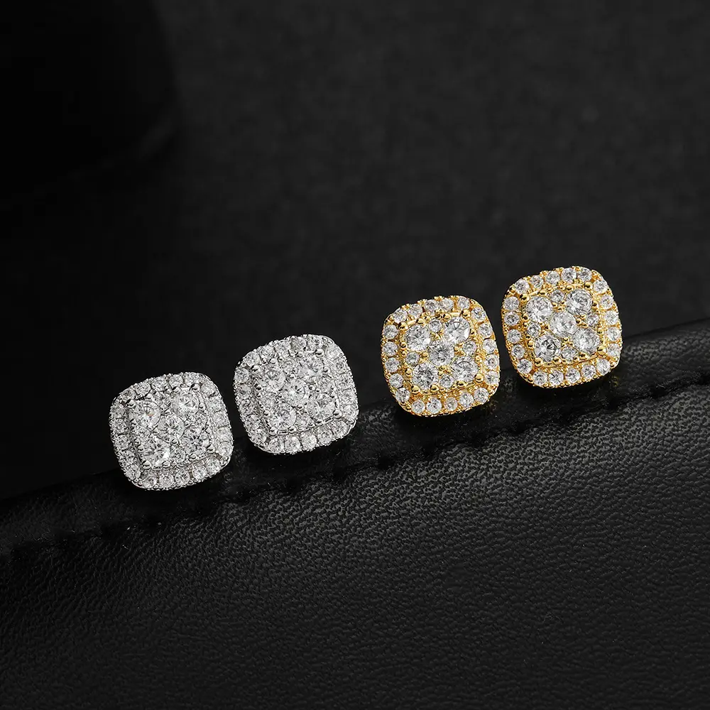 10mm Iced Out Square CZ Stud Earrings for Men and Women, 14K Gold-Plated Micro Pave Hip Hop Bling Earrings, Nickel-Free Jewelry Gift for Daily Wear