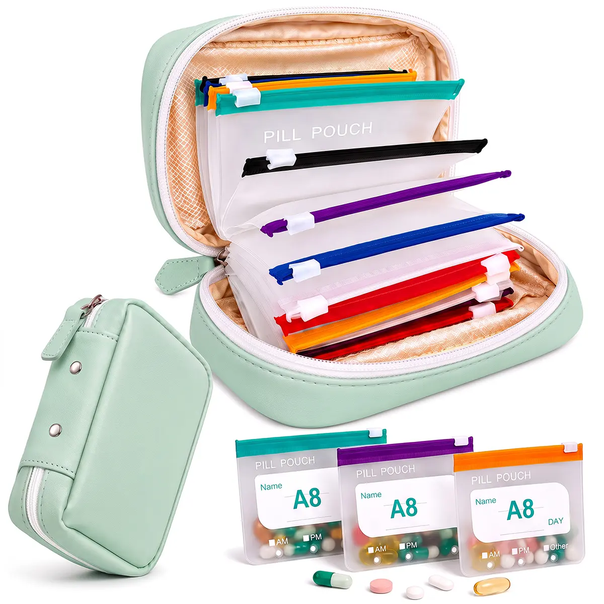 Waterproof Pill Pouch Set, 14pcs Bags Inside, A8 Waterproof Pill Organizer Set, 7 to 14 Days of Meds,Zippered Pill Storage for Fish Oils, Vitamins, Reusable Pocket Pharmacy with Color-Coded Labels dealsforyou, summerwins