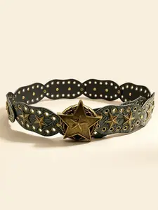 Y2K Edgy Star Studded Belt | Green Tooled Leather Waist Belt with Gold Star Accents for Festival Outfits