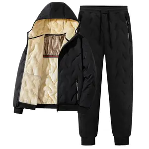 Plus Size Winter 2 Piece Outfit for Men, Windproof Waterproof Lamb Wool Fleece Lined Jacket and Pants Set, Thermal Hooded Long Sleeve Coat with Straight Leg Sweatpants