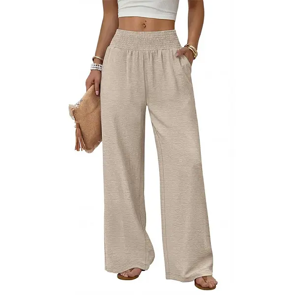 Women's High Waisted Palazzo Pants with Shirred Elastic Waist and Slant Pockets, Comfortable Loose-Fitting Polyester Lounge Bottoms for an Effortless Look, Machine Wash, Casual, Stretchy, Pants For Women, High Waisted Pants