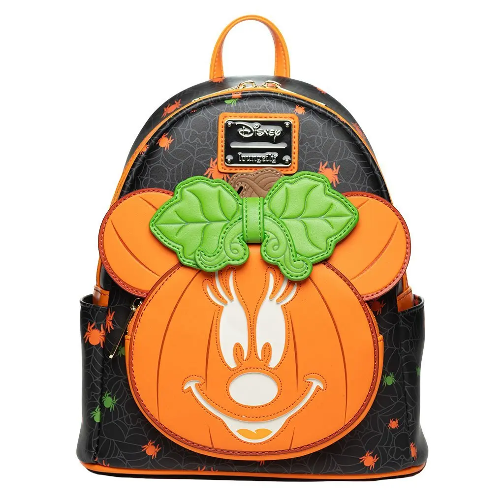 Loungefly Disney Glow-in-the-Dark Pumpkin Minnie Mouse Female Animated Character Mini Backpack, Lightweight Faux Leather Halloween Everyday Carry Daypack with Spider Print