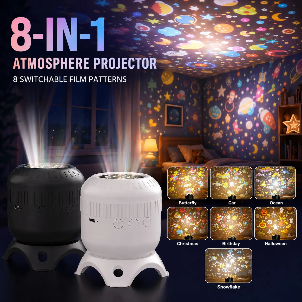 New 8-IN-1 Starry Sky Projector Light with Replaceable Films, Christmas & Birthday Party Atmosphere Light, Fun Kids Projector Night Light, Holiday Gift， decorative lamp