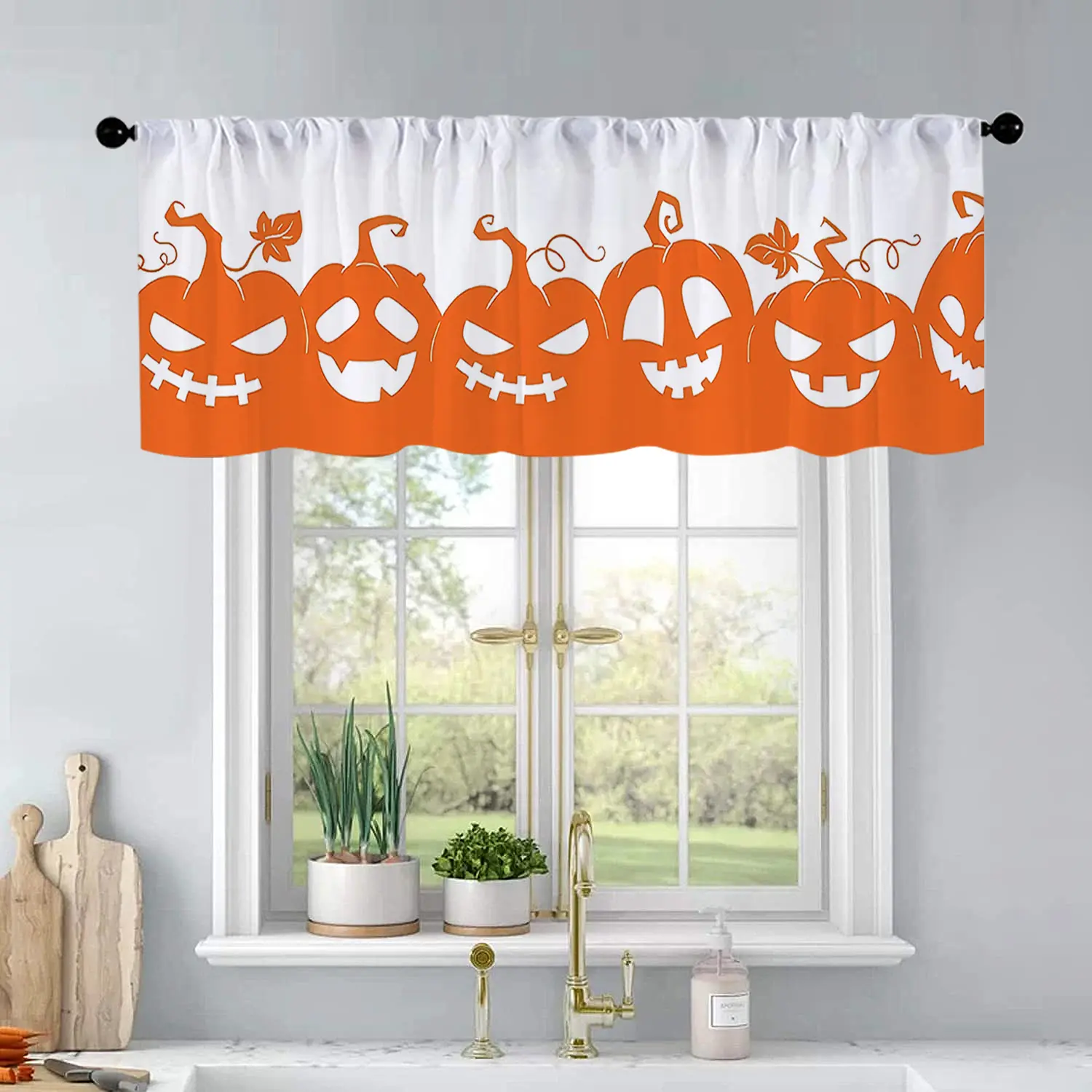 1 Pc Orange Abstract Pumpkin Lantern Printed Kitchen Curtain Curtain Curtain Living Room Bedroom Bathroom Home Decor 54 x 18 Inch