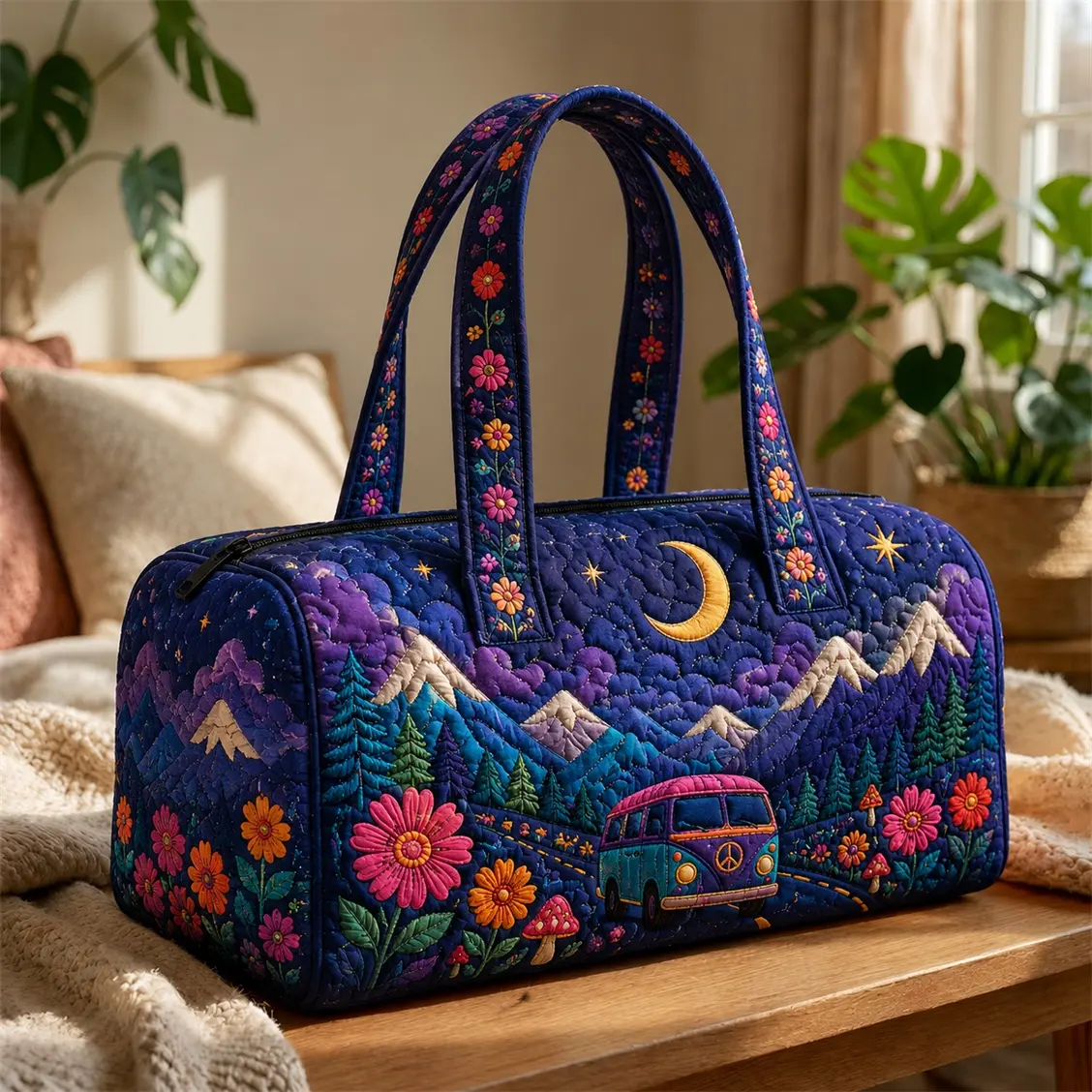 Women's Sunflower Patriotic Quilted Duffle Bag - Cute Travel Bag, USA Carry-On Overnight Weekender Tote for Vacation, Gym, Cute Travel Bags