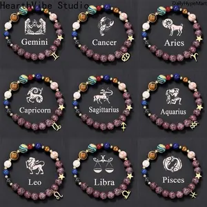 HearthVibe Studio 12 Zodiac Sign Seed Bead Gemstone Bangle Bracelets, Handmade Natural Stone Stainless Steel Charm, Unisex Casual Fashion Accessory, Ideal Anniversary Gift for Women, Seed Bead Bracelet