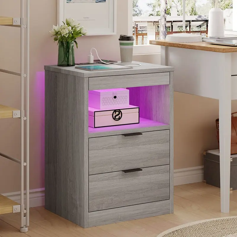 SIKAIC Modern Minimalist 15.8"d x 13.9"w x 23.6"h Accent Pedestal Table Furniture, Space Saving Furniture with Compact Design, Multi-Mode LED Light Strip, Integrated Power Surface, Extendable Panel for Bedroom Storage