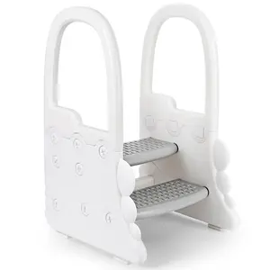 Safe Non-Slip 2-Step Toddler Step Stool with Handles – Sturdy Plastic Kids Standing Tower for Bathroom, Kitchen & Potty Training – Grey and White – Ideal Child Helper