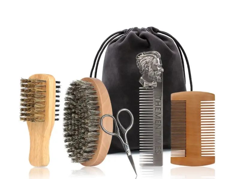 Beard Brush and Comb Set with Mustache Scissors Grooming Kit Dual Side Brush for Men's Facial Hair, Travel Bag