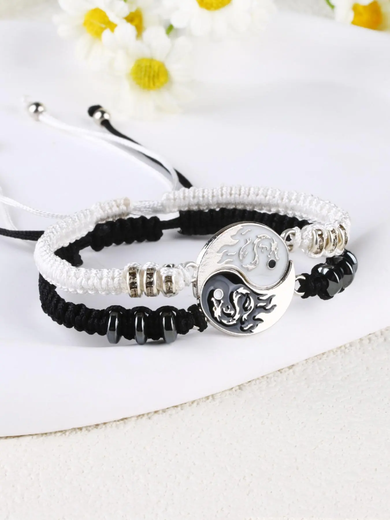 Yinyang Charm Braided Bracelet, Beaded Decor Pull Adjustable Bracelet, Adjustable Beaded Design, Unisex Jewelry for Party, Daily Clothing Decor, Jewelry for Birthday Gift