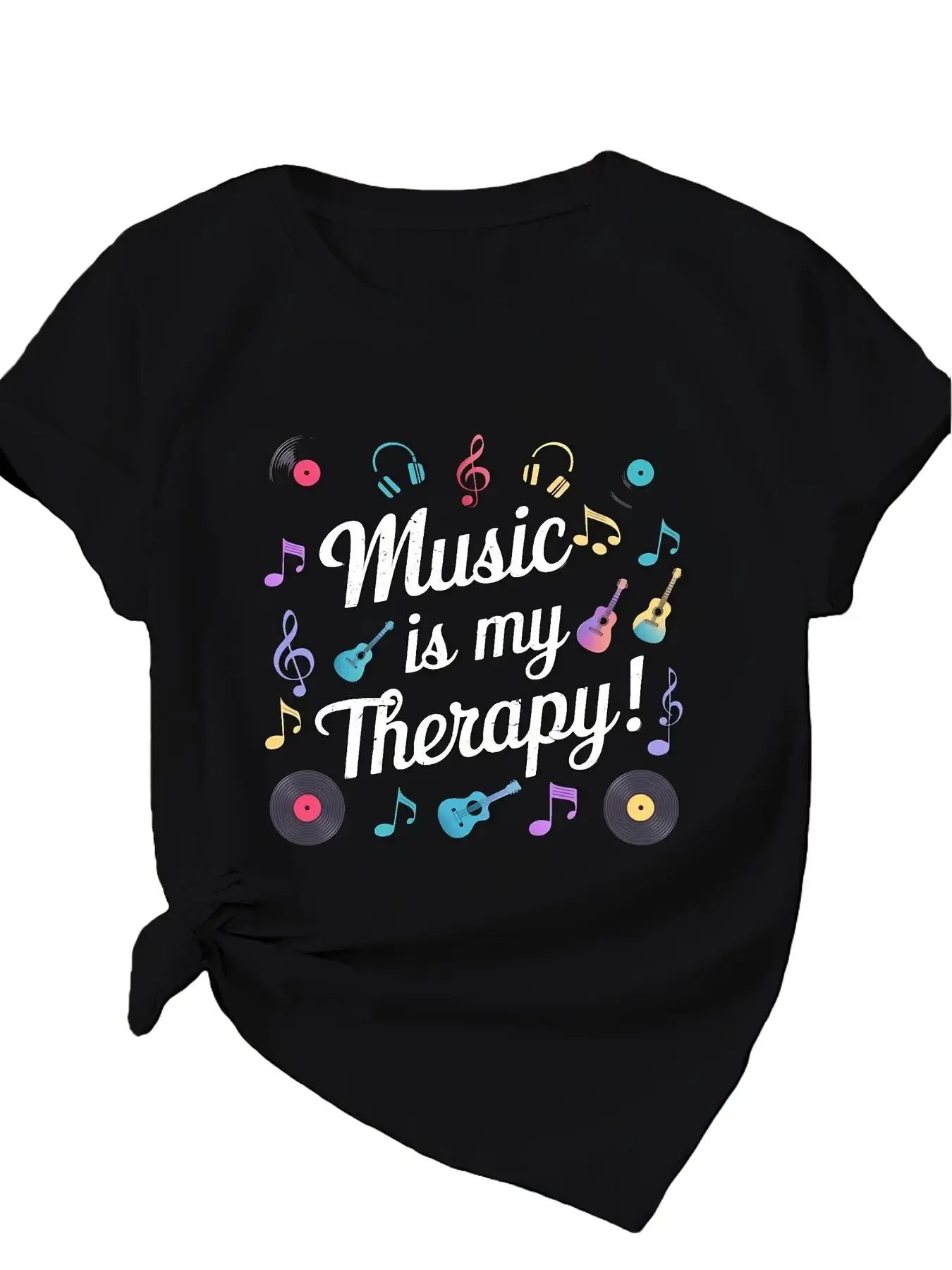 Music Is My Therapy Vintage Distressed Script Colorful Vinyl Headphone Guitar Music Notes Surrounded Graphic T-Shirt, Music Lover Gym Workout Men  Crew Neck Cotton Tee