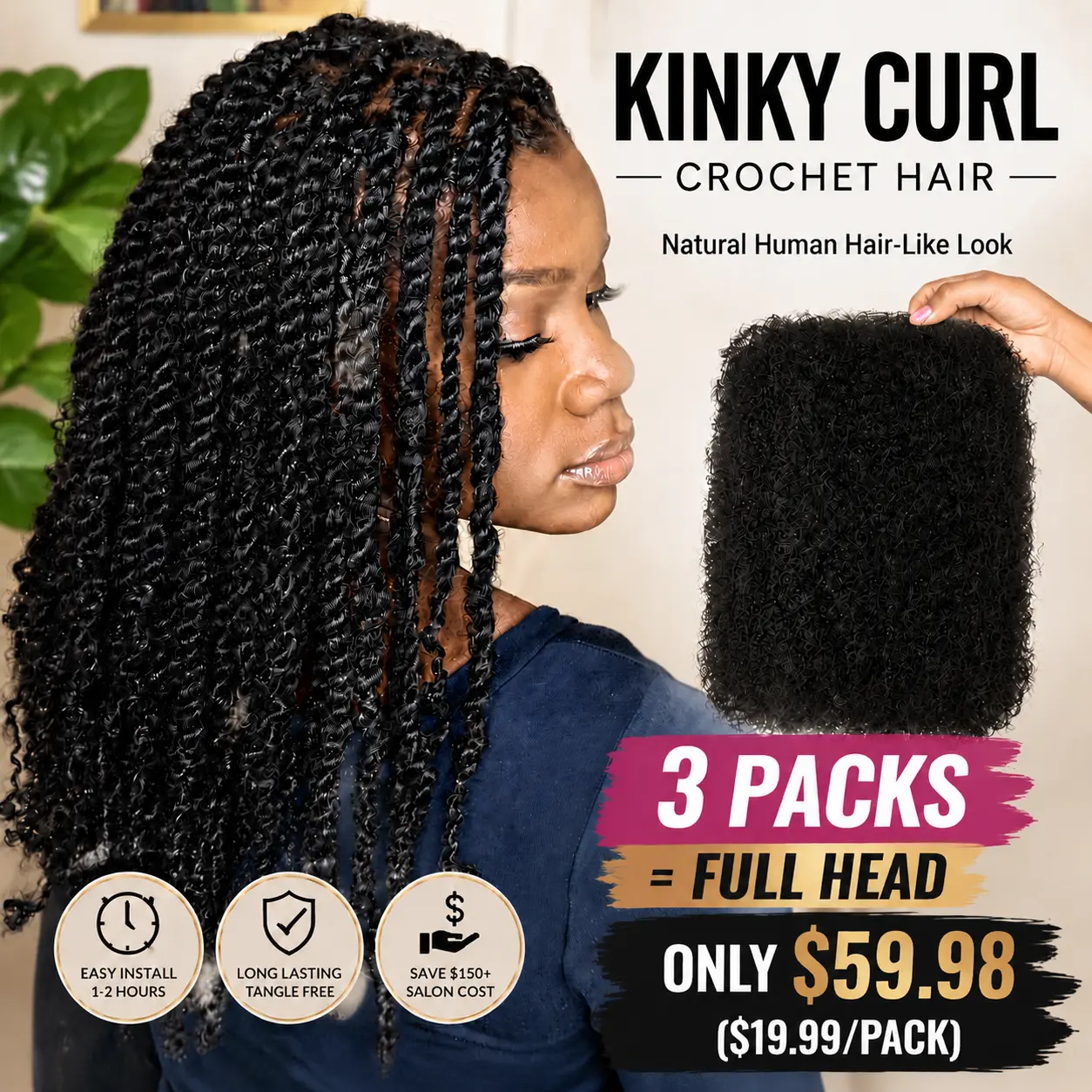NOBLE HAIR Afro Kinky Bulk Premium Synthetic Fiber Mini Twists - Tangle-Free, Low Maintenance for Black Girl Hairstyles: Braided Twists, Dreads & Curly Box Braided Synthetic Fiber Wigs, Protective Styles, Bulk Bundles, Diy Extensions, 45G, #99J, Braiding