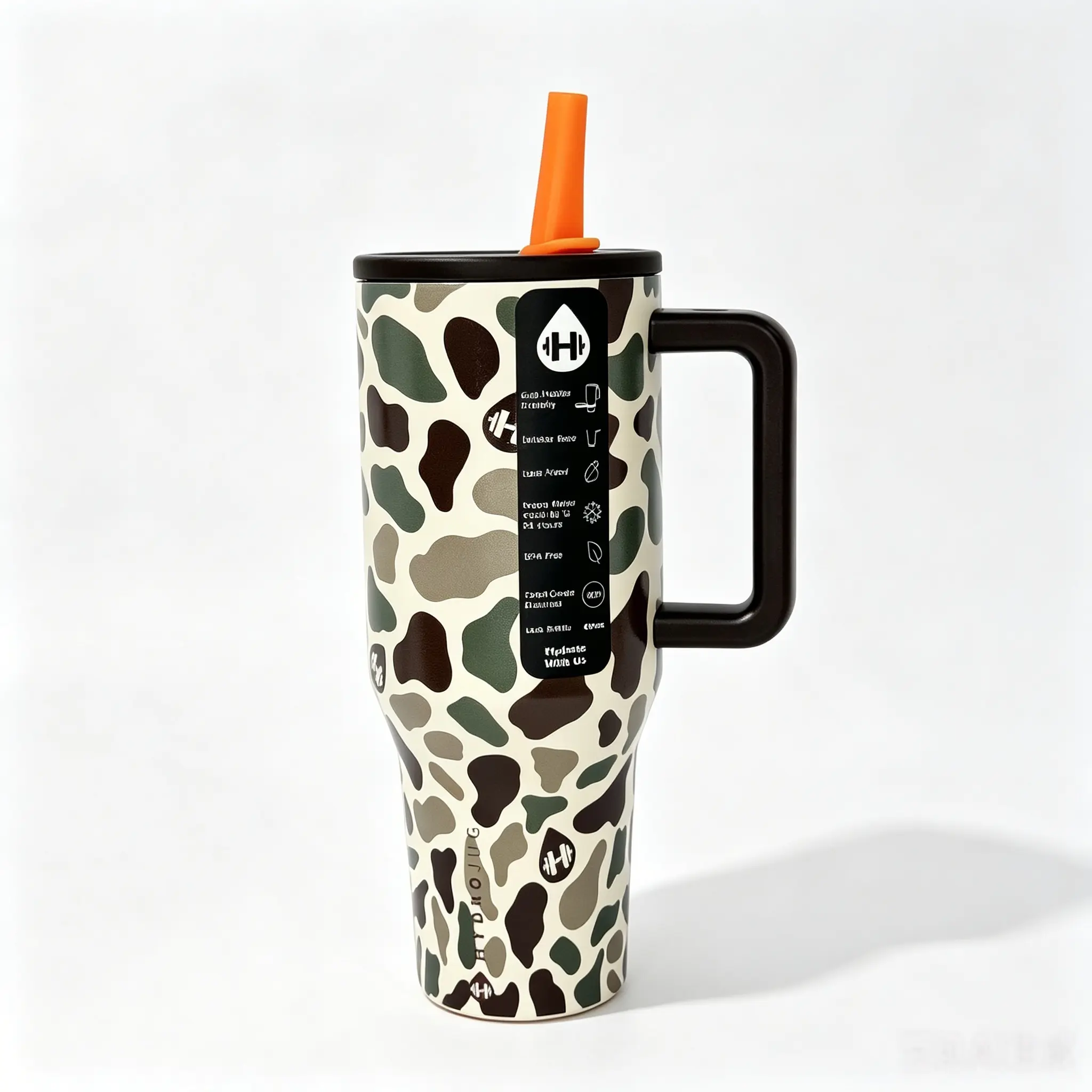 HydroJug 40oz Vintage Forest Camo Insulated Stainless Steel Tumbler Flask - Portable Leak-Proof Straw Lid, Handle, 24 Hours Cold Insulation, Cup Holder-Friendly BPA-Free Bottle, Father's Day Gift For Car