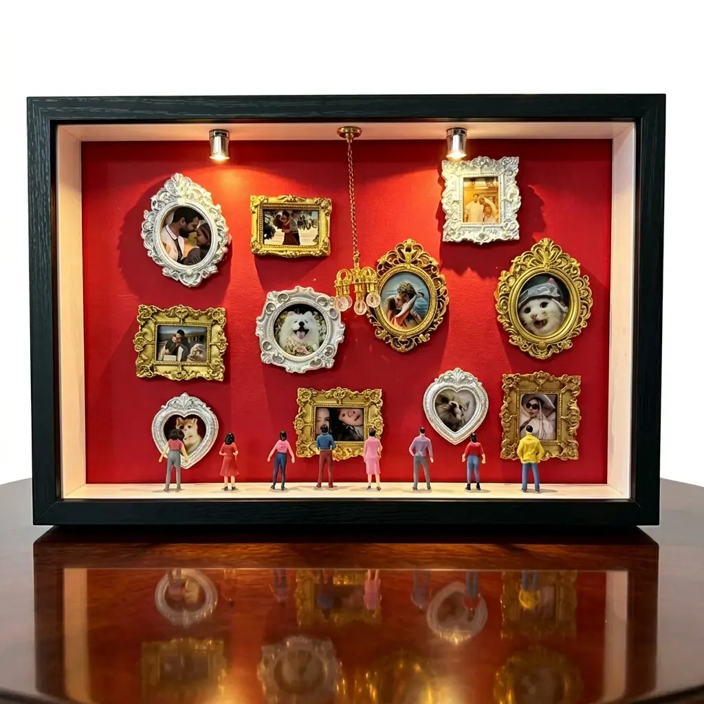 DIY Mini Museum Shadow Box Photo Frame With 11 Mini Frames, 8 Random Figurines ，Personalized Memory Display Box For Family, Pets & Couples, Personalized Keepsake Gift For Christmas, Father's Day, Family & Pets