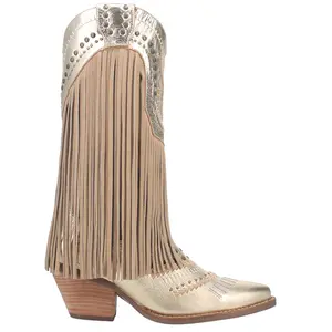 Dingo Womens Gypsy Studded Fringe Metallic Snip Toe Pull On  Casual Boots Mid Calf Mid Heel 2-3" - Gold
