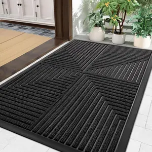 Front Door Mat Indoor Outdoor Entrance, Heavy Duty Non-Slip Rubber Doormats, Low Profile, Easy Clean, Dirt Trapper Entryway Floor Mats for Outside, Garages and Patios, 29.5x17, Black