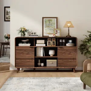 【DealsforYouDays】ONBRILL 58 Inch Curved Sideboard Buffet Cabinet w/2 Wave Doors and Open Storage Spaces, Angled Side Frame, Sideboard Storage with Adjustable Shelves, Coffee Bar Cabinet for Dining Room, Living Room summergarden