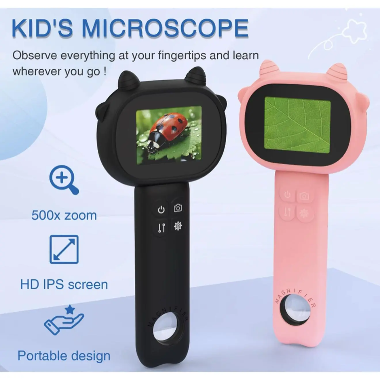 Kid's Microscope with 500x Zoom, HD IPS Screen, and Portable Design for Kids