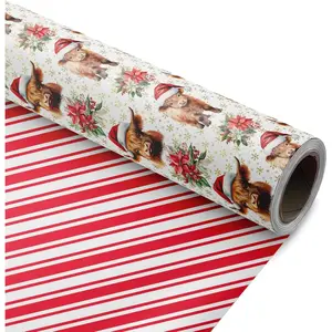 Highland Cow Reversible Christmas Wrapping Paper Roll -  Wrap with Red & White Stripes  Reverse -  for Holidays, Birthdays, and Halloween - 17.5 in x 33 ft (48 sq. ft)
