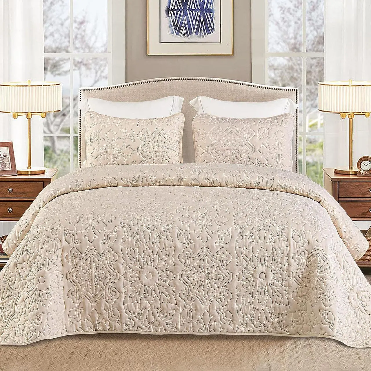 【backtoschoolday】Whale Flotilla 3 Piece California King Size Quilt Set, Soft Embossed Bedding Set, Lightweight Bedspread Coverlet with Boho Vintage Pattern, Reversible Bed Cover for All Seasons soft microfiber luxury  bedding  set