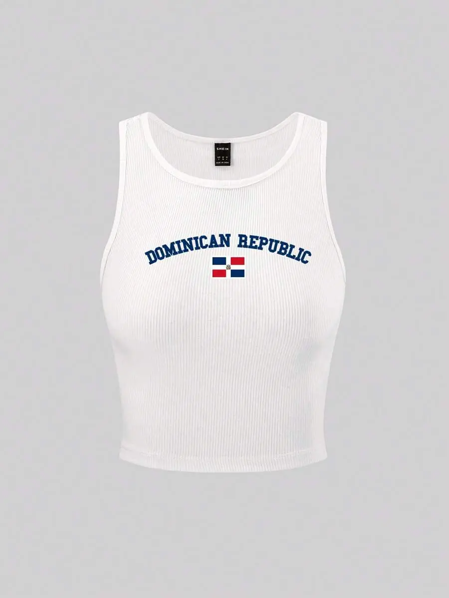 LUNA LAYER Womens Y2K Dominican Republic Flag Graphic Cropped Tank Top