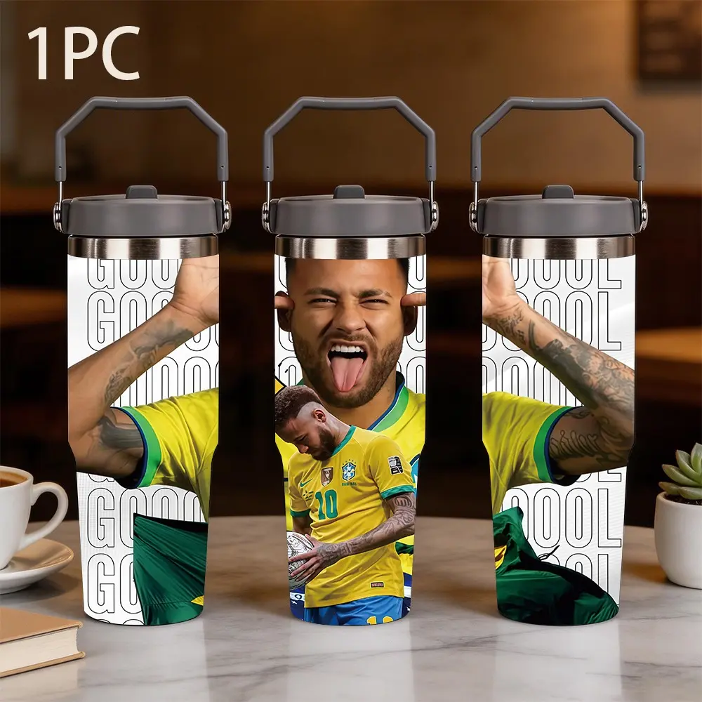 1pc 30oz portable thermos cup printed with Neymar's funny tone-out and winking expression, featuring a large-capacity stainless steel leak-proof design, letter decoration in the colors of the Brazilian team, and a fun star IP portable water cup